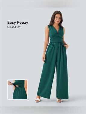 NWT HALARA Sleeveless Wide-Leg V-Neck Jumpsuit in Teal Green